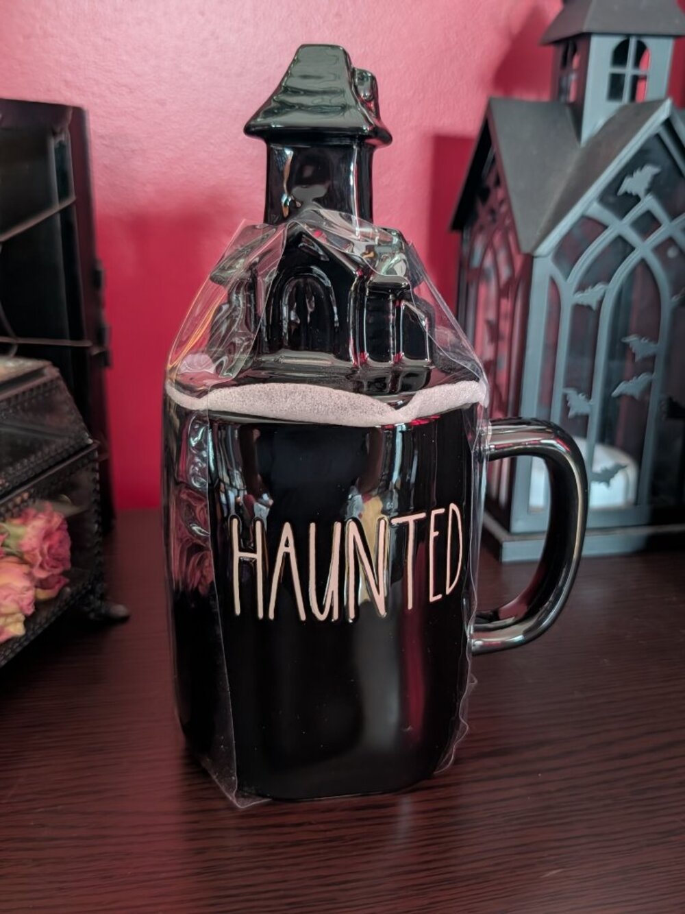 Rae Dunn HAUNTED Halloween Mug w House Topper NEW